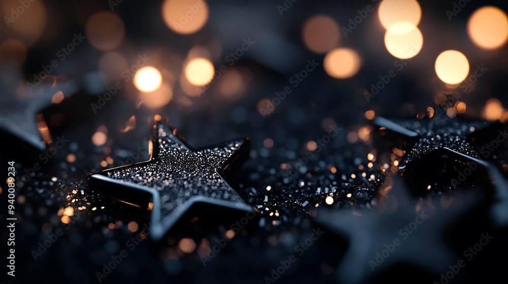 Poster glowing metallic star shapes in dark background with soft lighting and bokeh effects