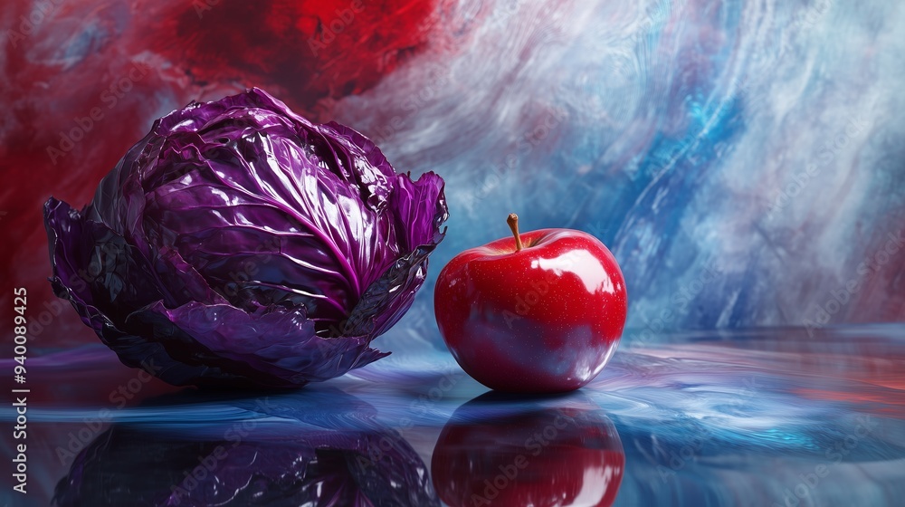 Poster a glossy red cabbage and apple pop against a vibrant blue and red backdrop, creating an appetizing s