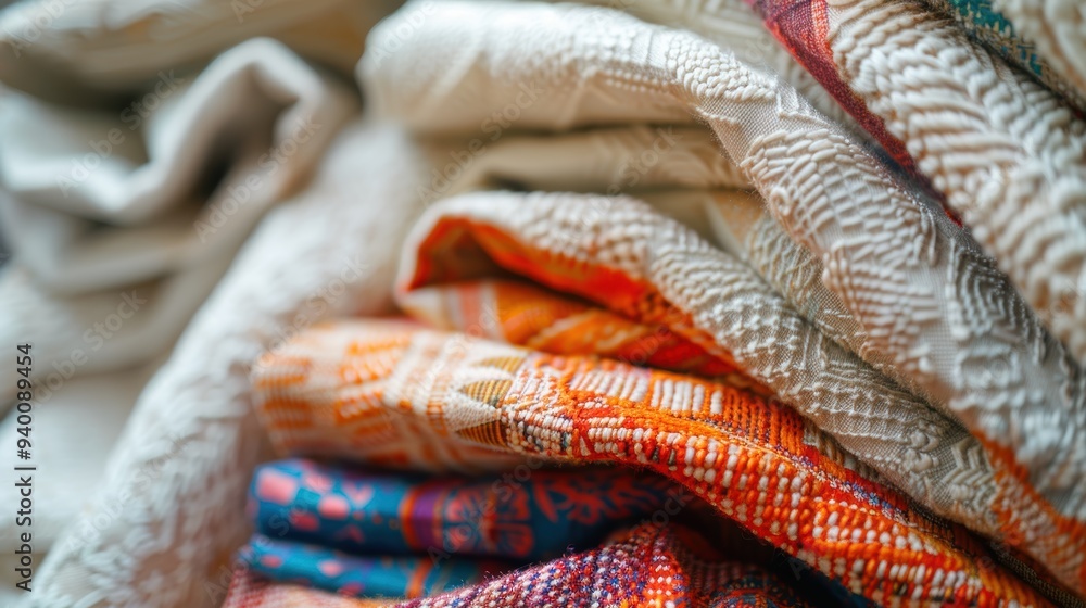 Poster pile of colorful fabrics showing different textures and patterns
