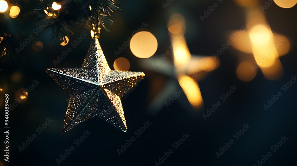 Poster glowing metallic star shapes in dark background with soft lighting and bokeh effects