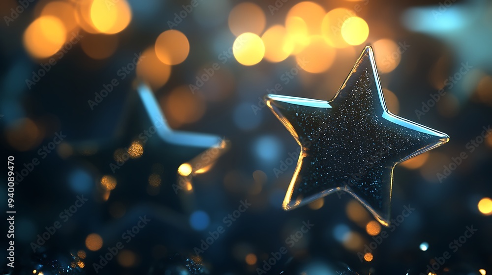 Poster glowing metallic star shapes in dark background with soft lighting and bokeh effects