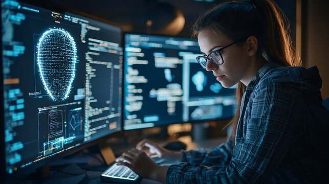 A woman is working on a computer with two monitors