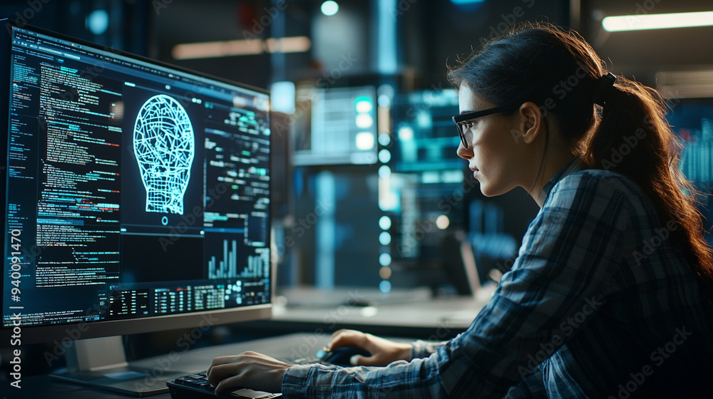 Poster a woman is sitting in front of a computer monitor with a brain image on it