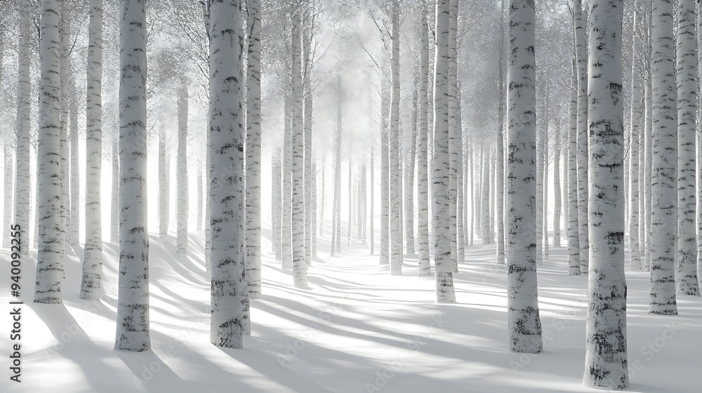 Poster serene 3d render of detailed birch forest on silver background with soft diffuse light