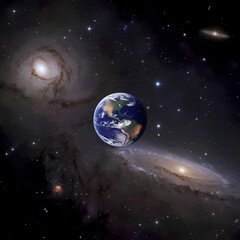 Obraz premium An image depicting Earth encircled by a vibrant galaxy and a shining star, illustrating the beauty of the cosmos.