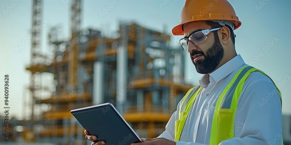 Poster construction worker using tablet in front of building - realistic image