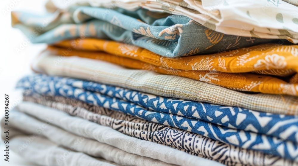 Poster pile of folded colorful fabrics showing modern patterns