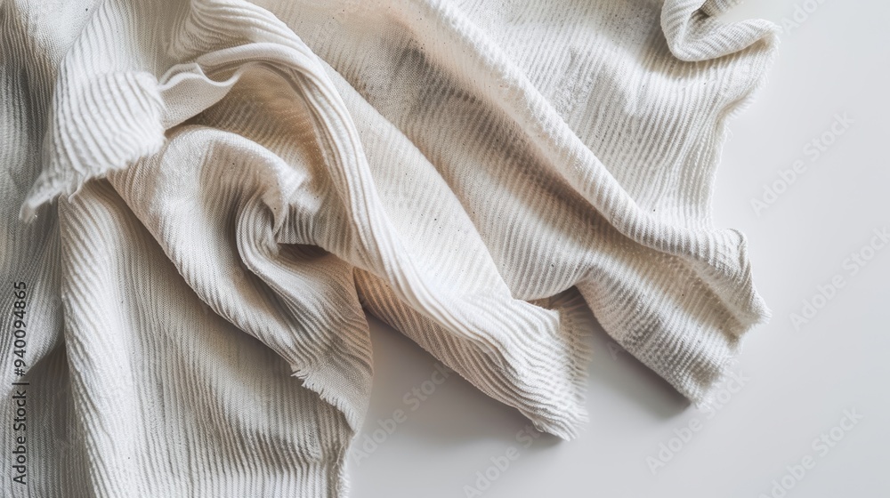 Poster white fabric texture background with delicate stripes pattern is crumpled on white background