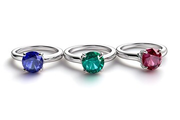 Trio of Minimalist Gemstone Rings - Ruby, Sapphire, Emerald on White Background