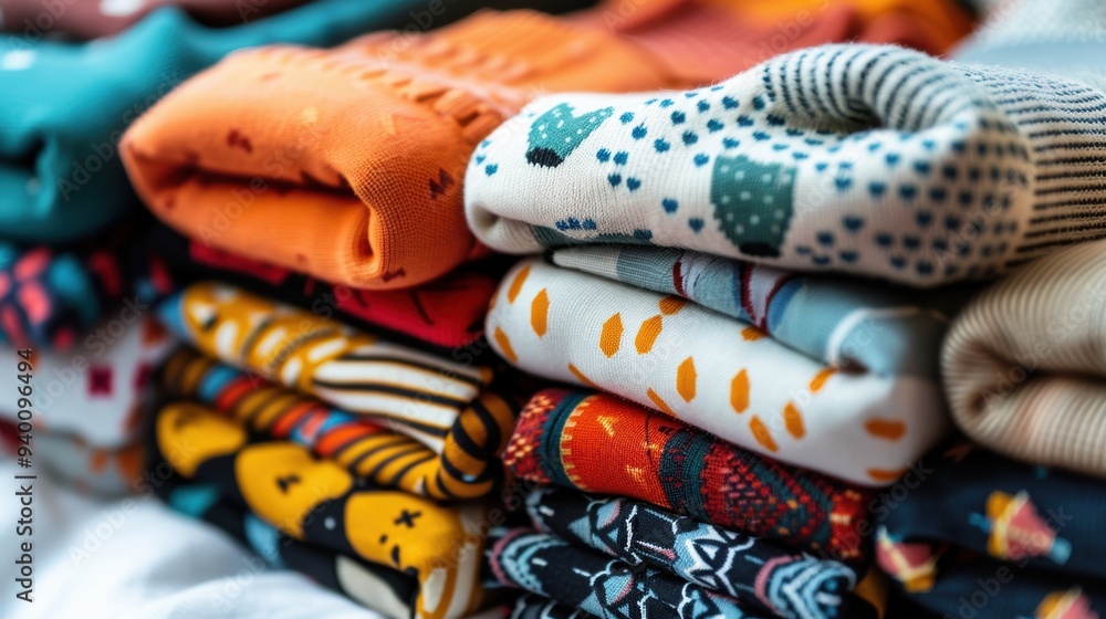 Poster stack of folded colorful clothes with modern patterns