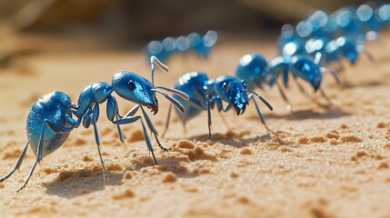 March of the Azure Ants: Uniform Blue-Tinted Colony in Desert Sands