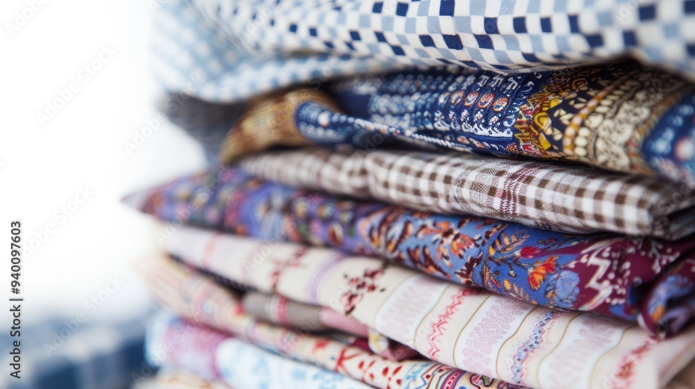 Poster stack of colorful fabrics displaying different patterns and textures