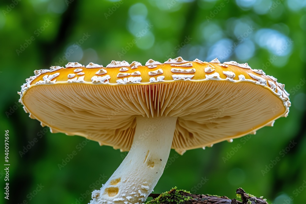 Poster a close-up of a delicate shiitake mushroom, showing the intricate gills underneath its cap, set agai