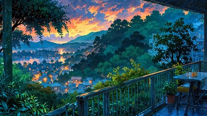 Lush Verdant Hanging Garden Balcony at Sunset Amidst a Storm