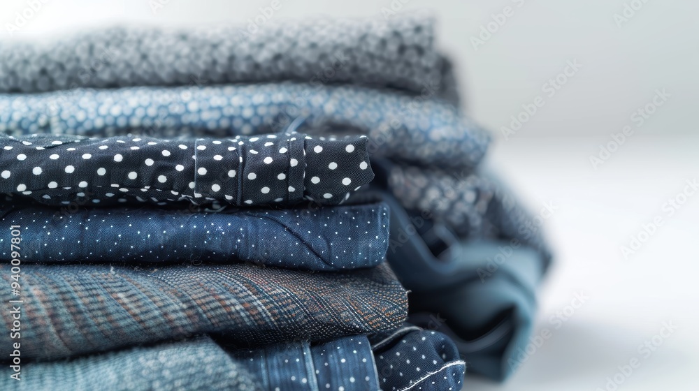 Poster stack of folded blue fabrics showing different textures and patterns