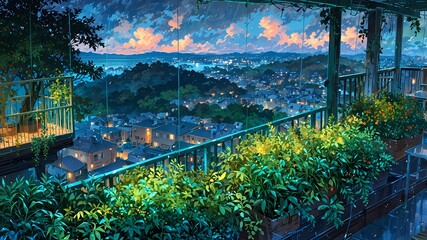 Fototapeta premium Lush Verdant Hanging Garden Balcony at Sunset Amidst a Storm