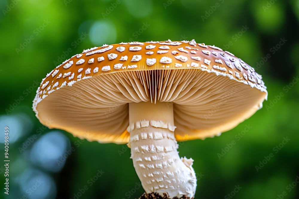 Poster A close-up of a delicate shiitake mushroom, showing the intricate gills underneath its cap, set against a blurred forest background