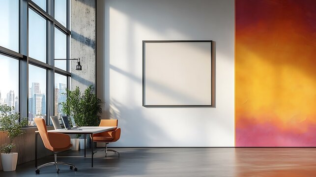  Colored office room interior with coworking space and window. Mockup frame 