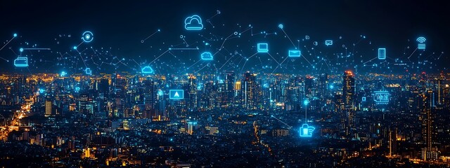 Obraz premium Global data storage hologram and backup, files synchronization and city view 