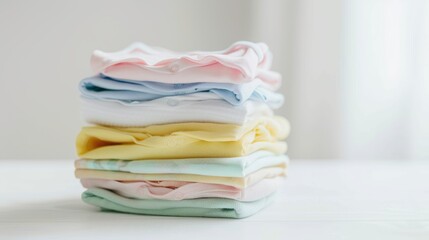 Stack of baby clothes sitting on a white surface