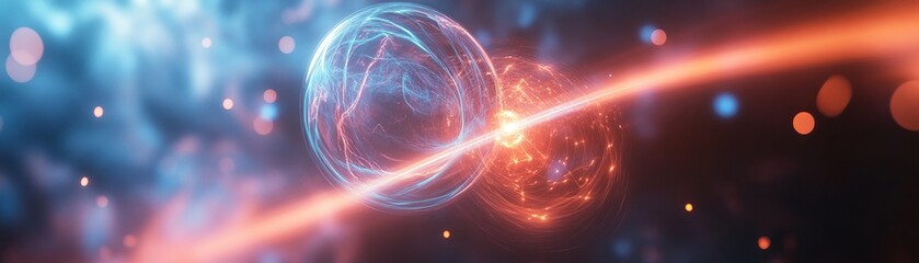 Obraz premium A captivating visual of energetic particles colliding, showcasing vibrant colors and dynamic motion in a cosmic setting.