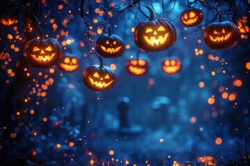 A blue background with a bunch of orange pumpkins hanging from the trees