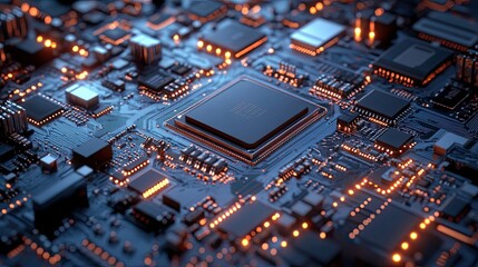 Obraz premium Illuminated Microchip on a Circuit Board with Integrated Circuits