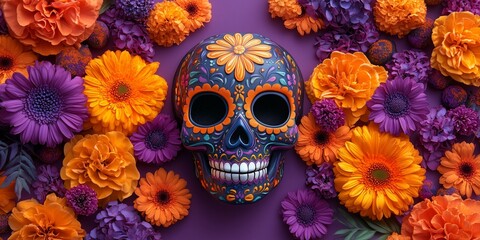 dia de los muertos festive sugar skull mask with dahlias, roses and orange marigolds on a purple background, flat lay photography
