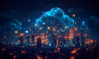  Global data storage hologram and backup, files synchronization and city view 