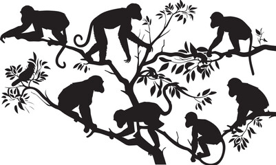 Set silhouettes of animals, Silhouette vector of monkey on the tree in different poses © Nazia