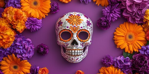 dia de los muertos festive sugar skull mask with dahlias, roses and orange marigolds on a purple background, flat lay photography