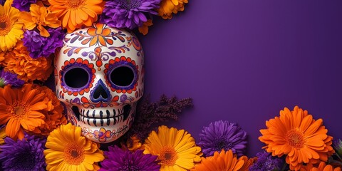 dia de los muertos festive sugar skull mask with dahlias, roses and orange marigolds on a purple background, flat lay photography