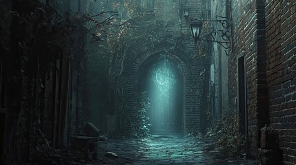 A Mystical Glowing Archway in a Dark, Brick-Lined Alleyway