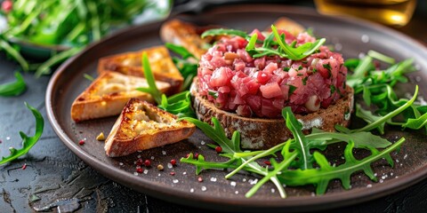 Artisan Beef Tartare Presented on a Countryside Plate Accompanied by Crispy Toast and Arugula