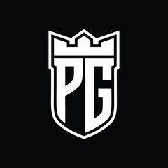 PG Logo shield shape with geometric crown inside white outline on black background template design