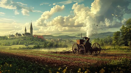 Obraz premium Steam-Powered Wagon in a Rural Landscape with a Church in the Distance