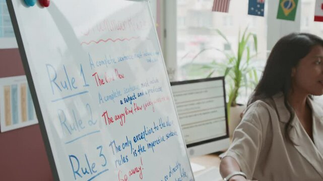 Medium shot of Hispanic female teacher explaining new English grammar rules to offsccreen students, pointing at whiteboard, while giving lesson in foreign languages school