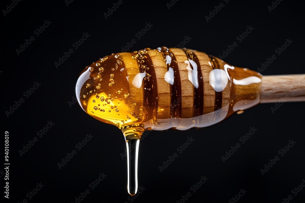 Poster a close-up of honey dripping from a wooden dipper against a white background