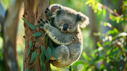 Fototapeta premium Koalas cling to eucalyptus trees, sleeping most of the day and munching on leaves at night.