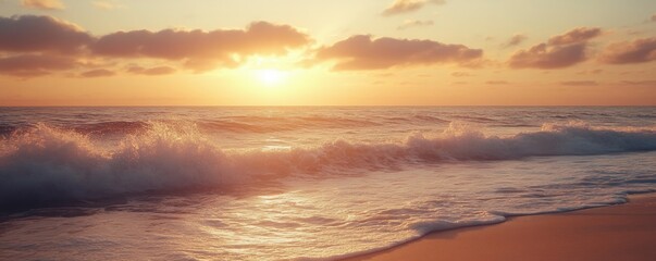 Fototapeta premium Golden Hour Ocean Waves A Coastal Sunrise With Soft Light, Beachscape and Tranquil Water, Capturing the Peaceful Beauty of Nature's Awakening Stunning Ocean Sunset Photography With Dramatic Sky,