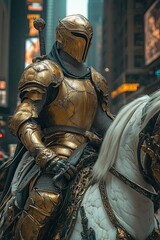 A Golden Knight Riding a White Horse Through the City