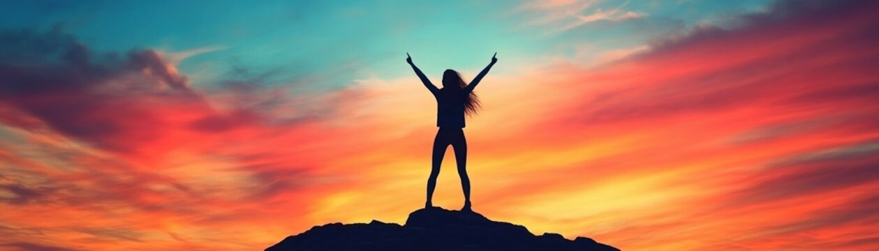 Sunrise Victory A Silhouette of Determination Against a Vibrant Sky, A Powerful Image Representing Achievement and Resilience in the Face of Challenges A Symbol of Hope and Inspiration for Success in