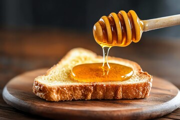 A close-up of honey spreading smoothly over a slice of buttered toast, with the rich, golden color contrasting against the warm bread