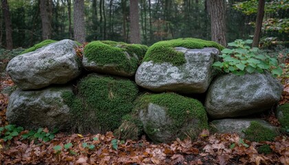 Triumphant Nature A Wall of Moss-Covered Stones in a Serene Forest Setting, Symbolizing Achievement and Perseverance in the Great Outdoors Discover the Spirit of Adventure and the Beauty of Nature's