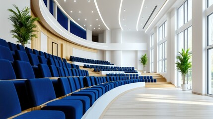 Fototapeta premium Modern auditorium interior with blue seating, natural lighting, and elegant design, ideal for conferences and events.