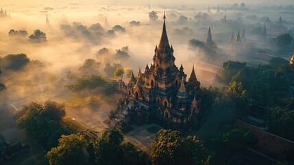 Aerial view of a mystical castle surrounded by foggy forests at dawn