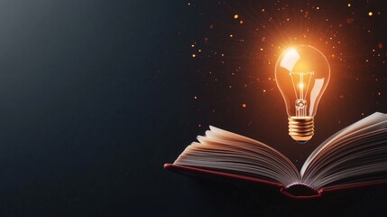 A glowing lightbulb hovers above an open book in a dark background, symbolizing the concept of knowledge, creativity, and innovation.