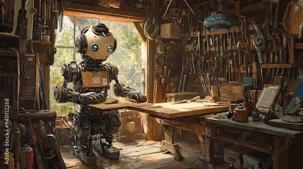 Poster a robot carpenter working in a rustic workshop