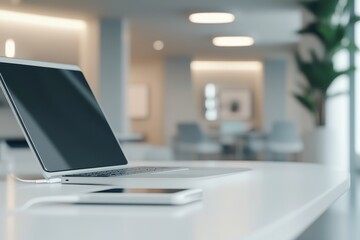 Laptop on a White Desk in a Modern Office
