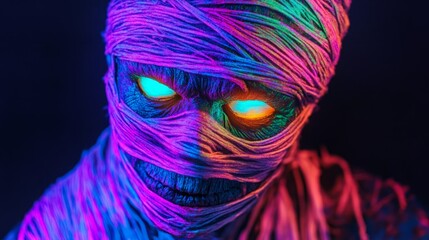 Close-up of a mummy's face with glowing eyes.